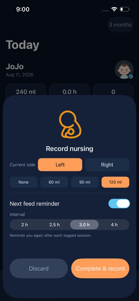 Custom feeding rhythm and reminder settings in Baby Alarm