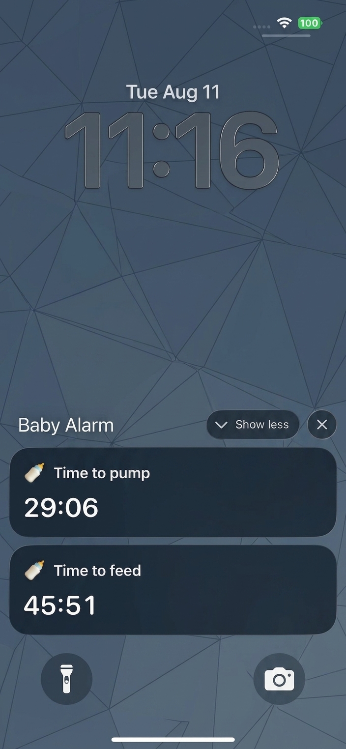Baby Alarm Lock Screen reminder with a live countdown that rings in Silent or Focus mode
