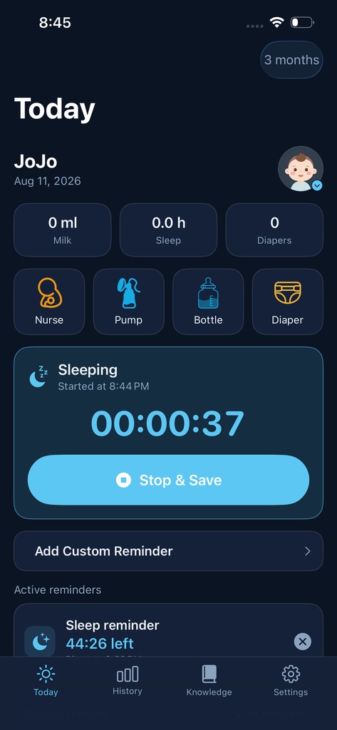 Baby Alarm home screen with one-tap daily tracking