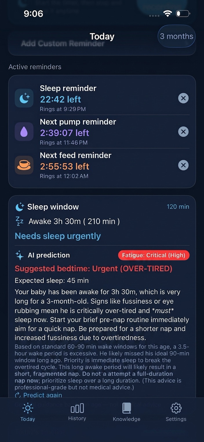 AI sleep prediction showing the ideal bedtime window in Baby Alarm